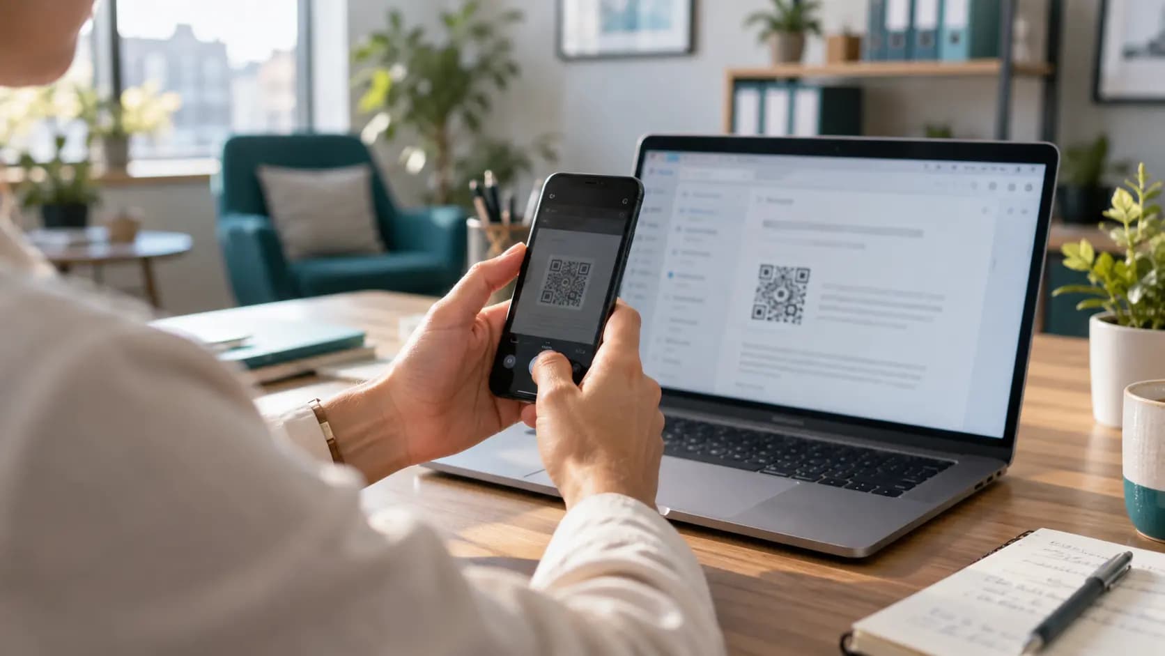Irodai munkatárs telefonját egy laptop képernyője felé tartja, és megáll egy emailben kapott QR-kód beolvasása előtt; illusztráció az eszközök közötti váltásról