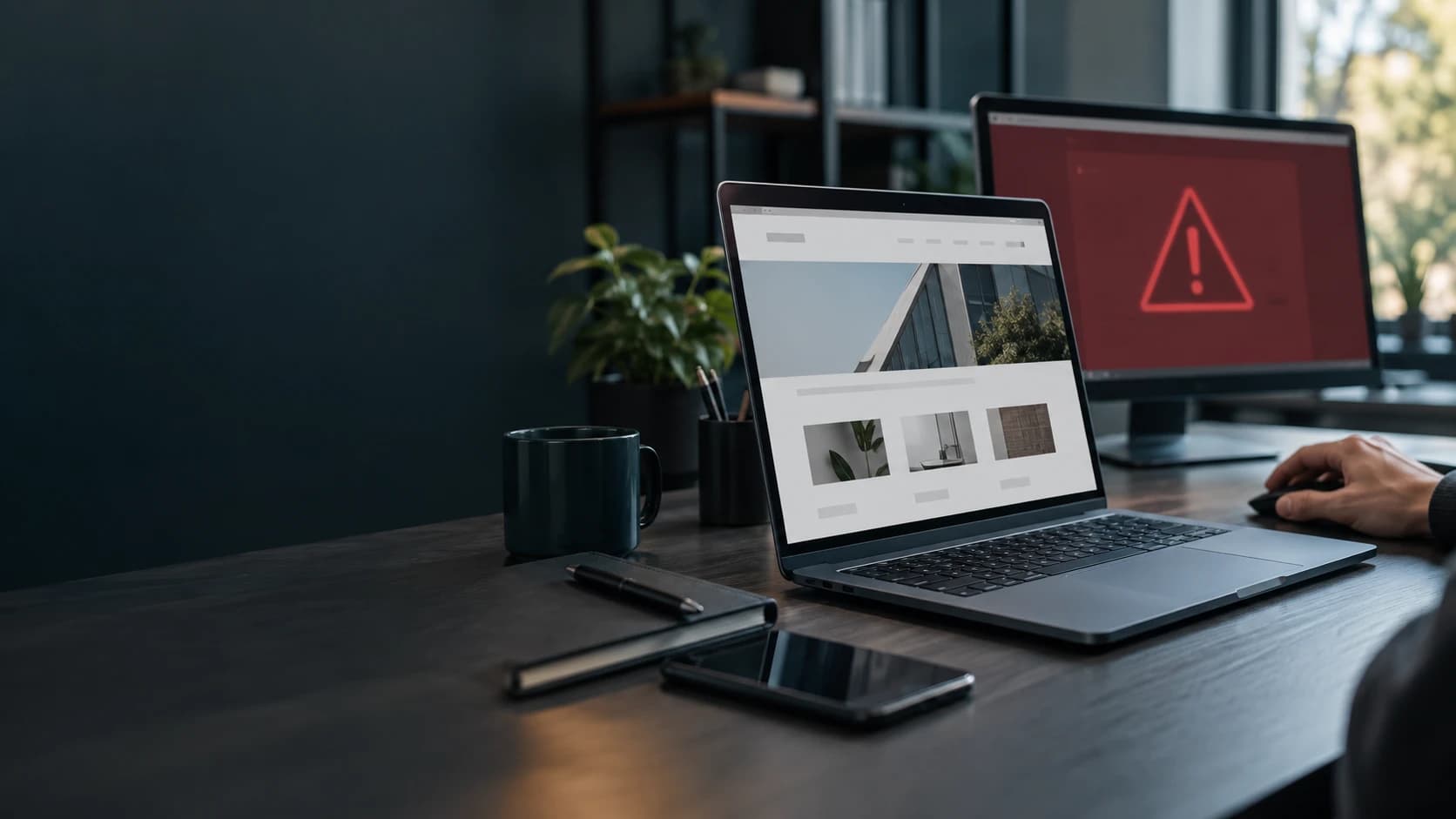 Laptop normálisnak látszó üzleti weboldallal, mögötte figyelmeztetést szemléltető monitor; generált illusztráció, nem valódi feltörés felvétele