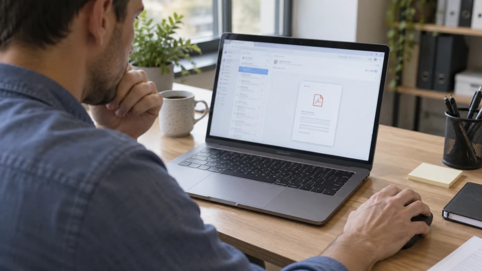 Irodai munkatárs dokumentumnak látszó emailmellékletet vizsgál a laptopján; a kép a hétköznapi fájlmegnyitás kockázatát illusztrálja