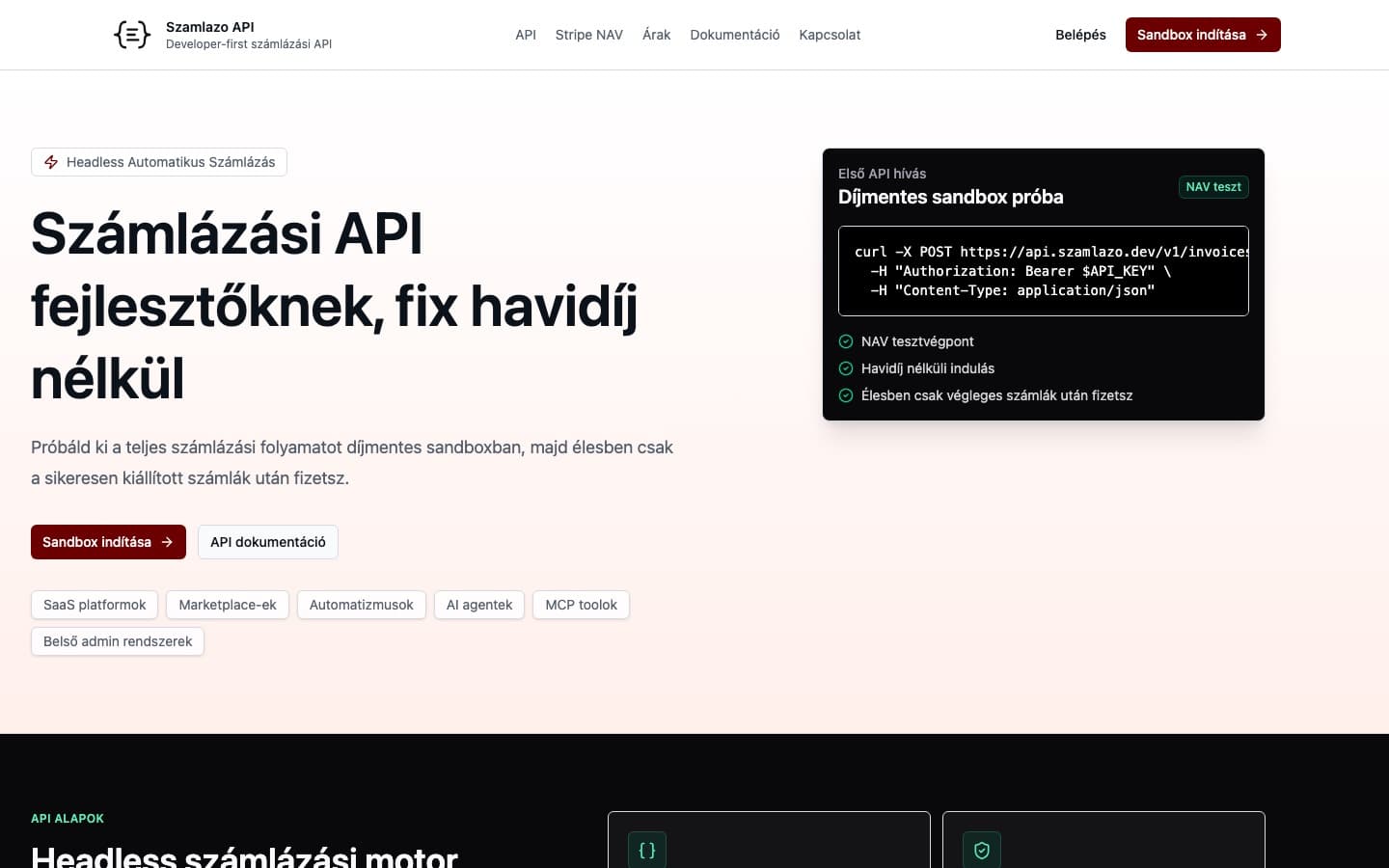 Szamlazo API nyitóképernyő