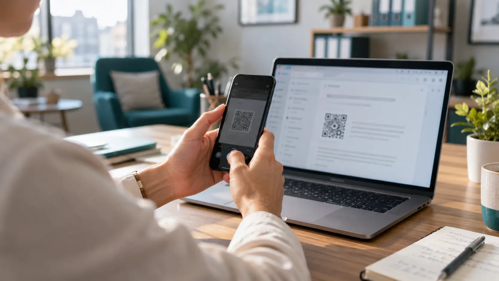 Irodai munkatárs telefonját egy laptop képernyője felé tartja, és megáll egy emailben kapott QR-kód beolvasása előtt; illusztráció az eszközök közötti váltásról