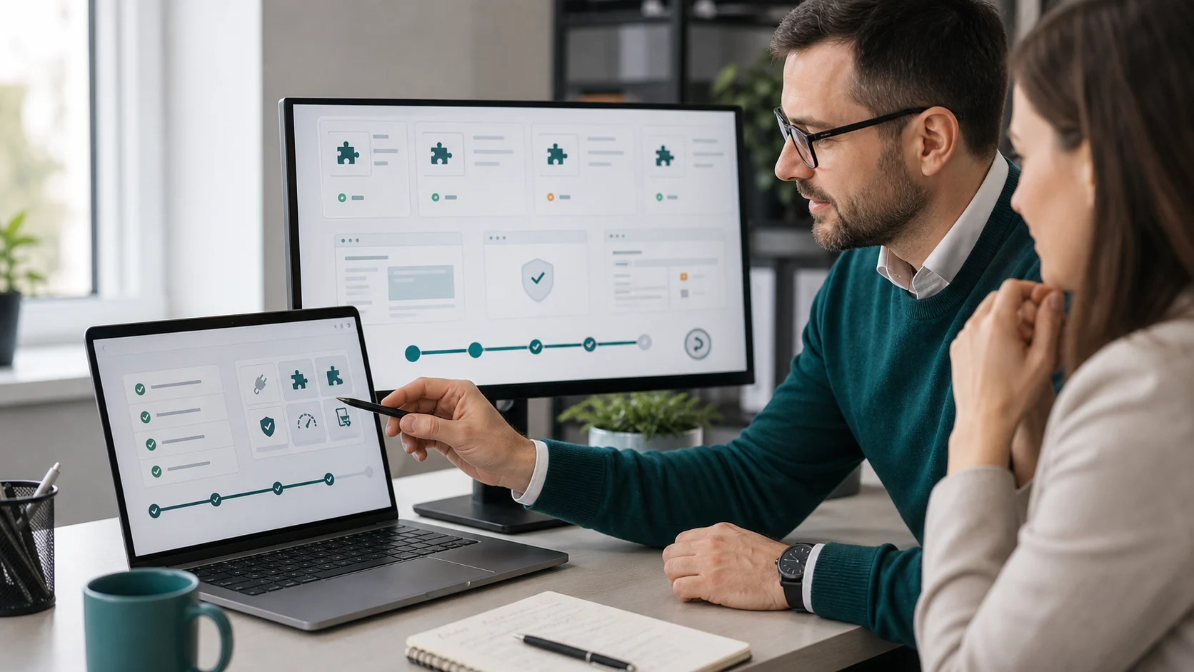 IT szakember WordPress plugin frissítést tesztel staging környezetben cégvezetővel