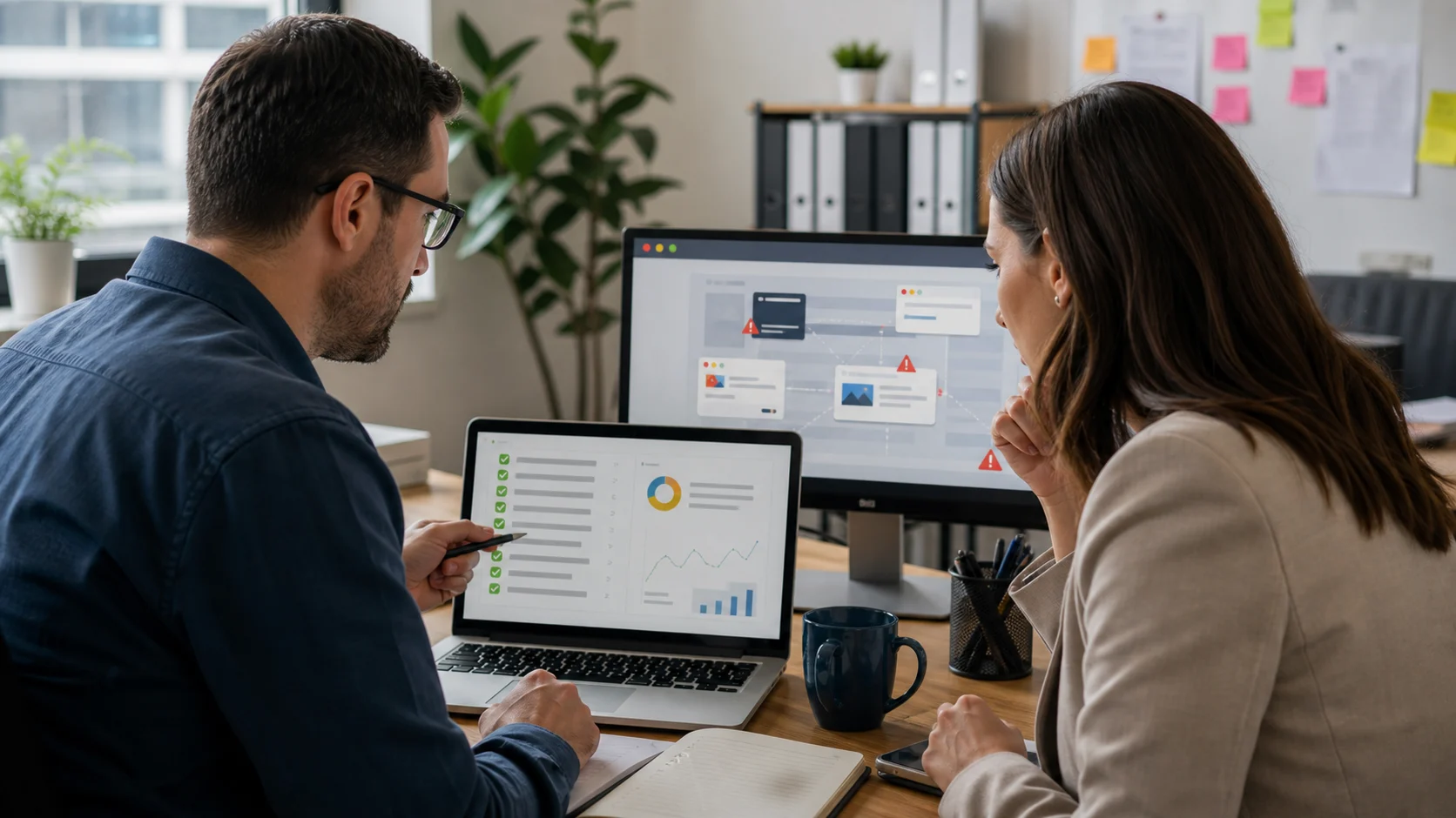 IT szakember és marketingvezető külső weboldal scriptek biztonsági kockázatait ellenőrzi