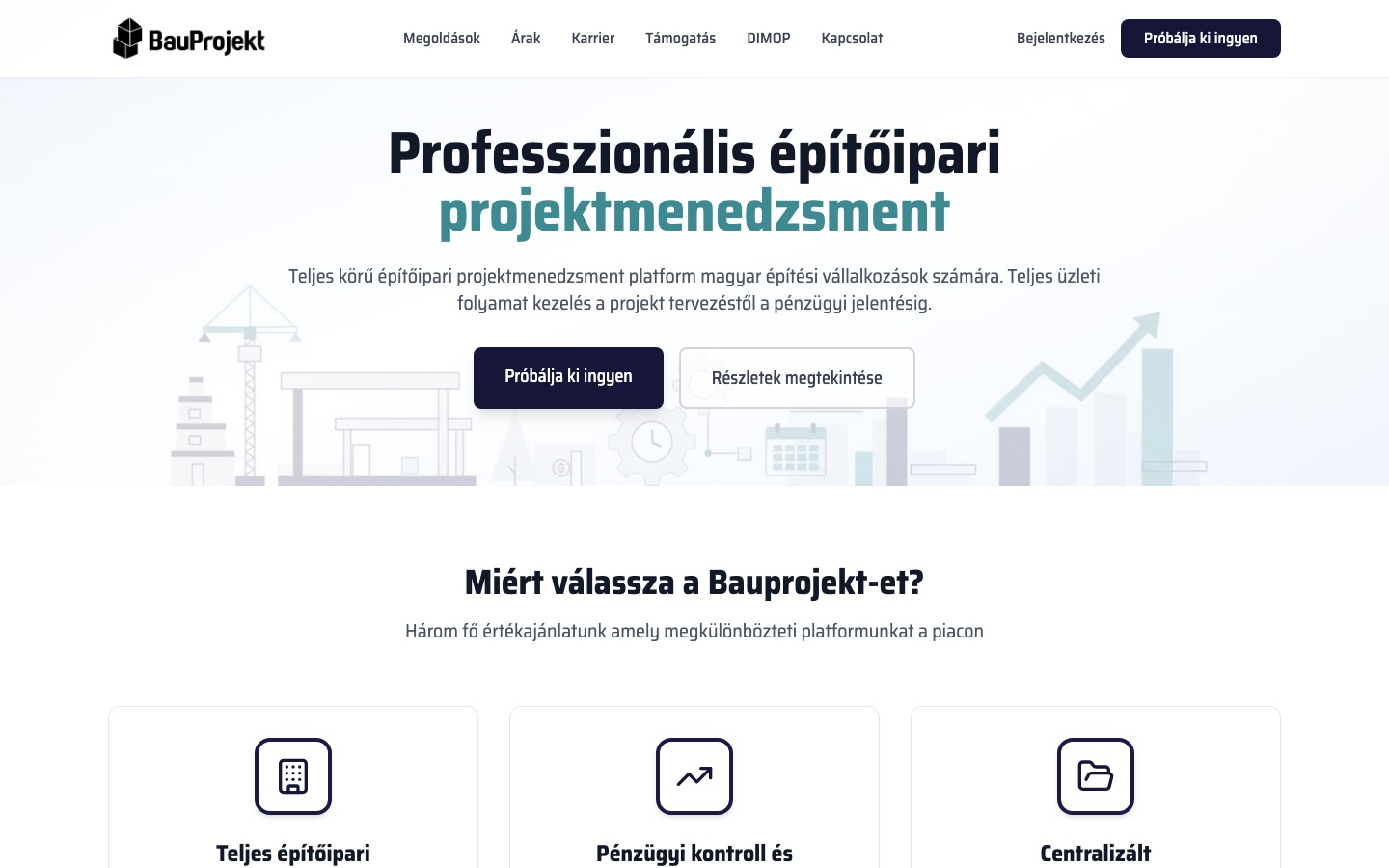 Bauprojekt ERP nyitóképernyő