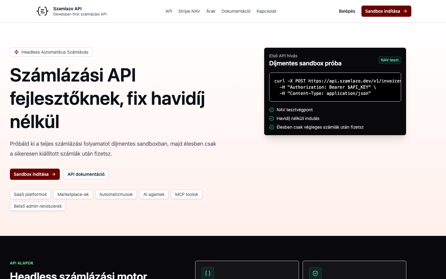 Szamlazo API nyitóképernyő