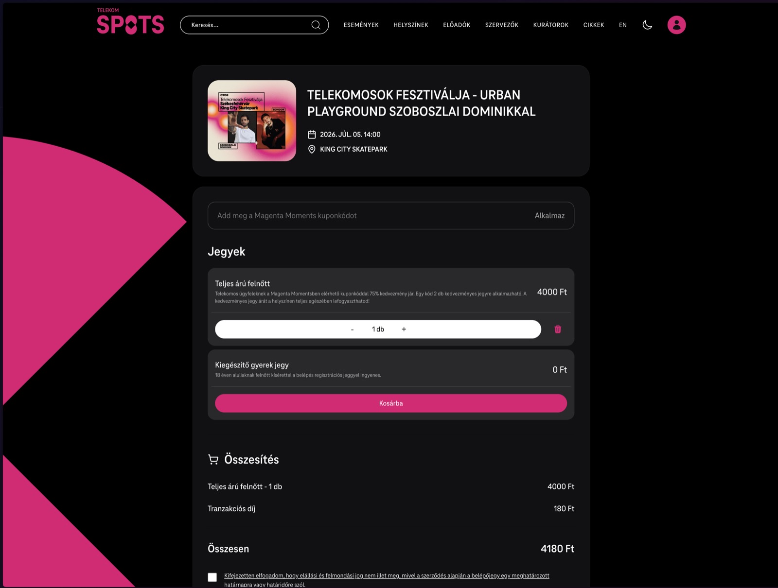Telekom Spots / Ticketspots nyitóképernyő